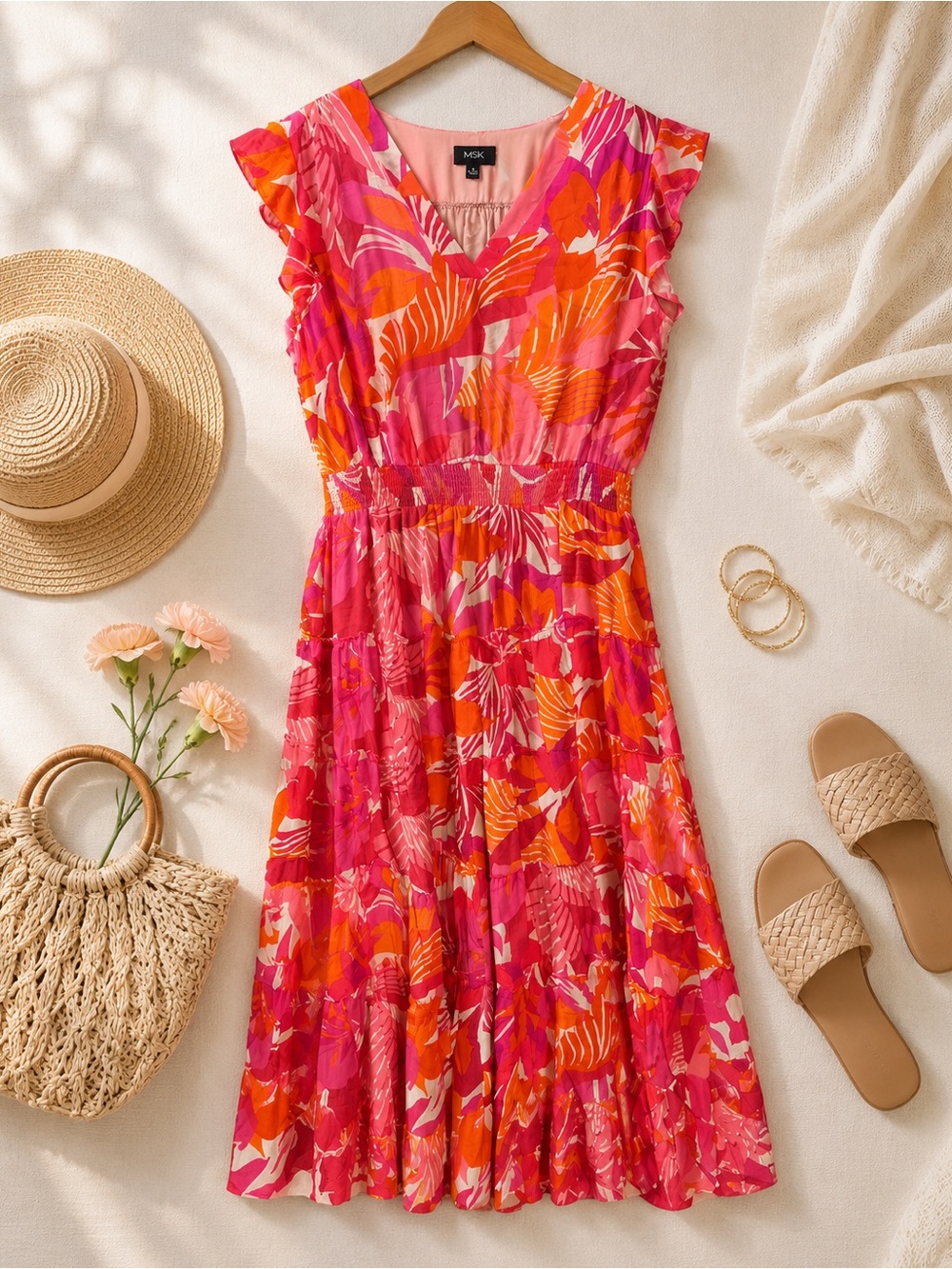 MSK Plus Size 1X Pink & Orange Floral V-Neck Maxi Dress